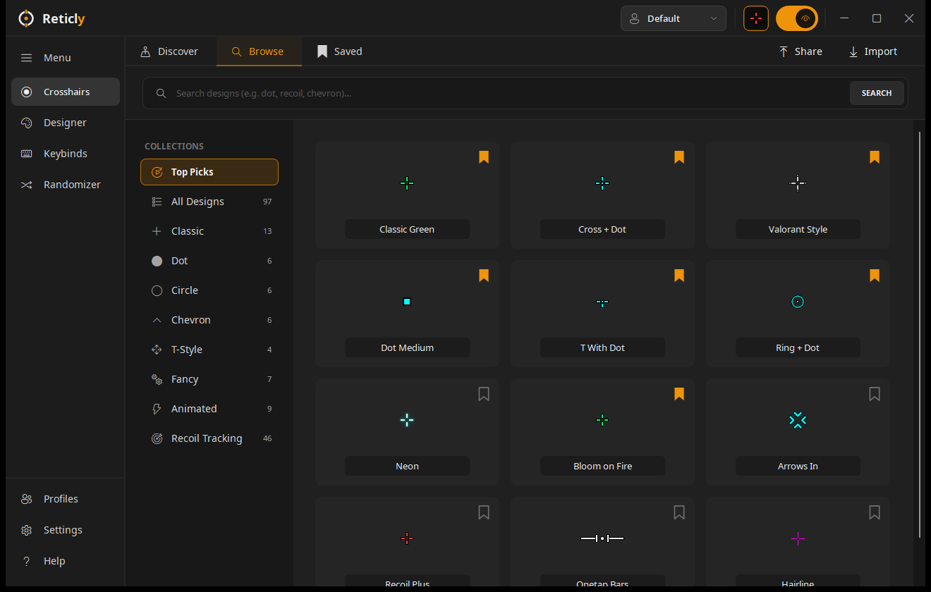 Browse page with built-in crosshair designs
