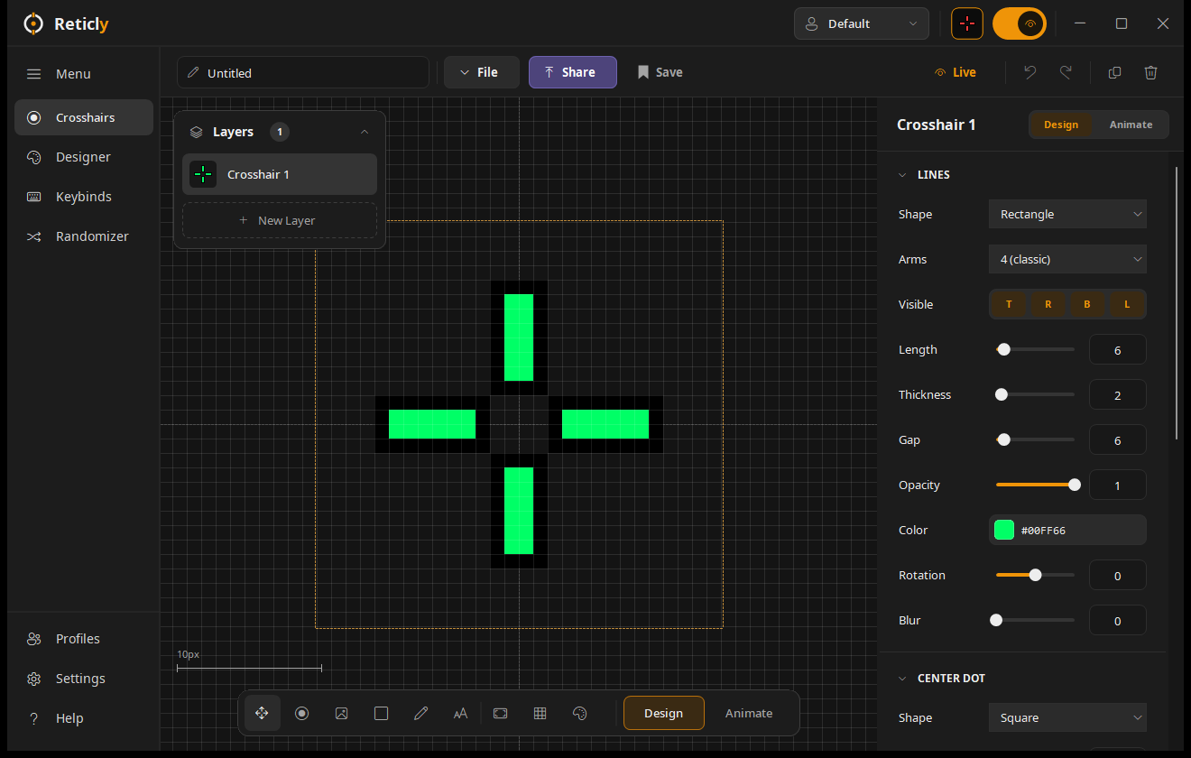 The Reticly Designer: layers panel, pixel canvas and inspector