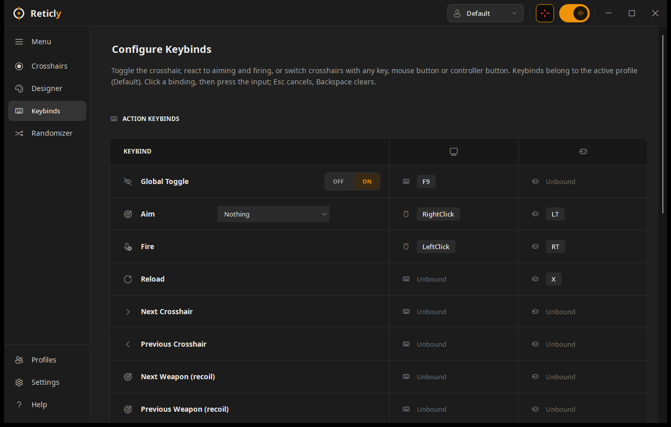 Reticly Keybinds screen