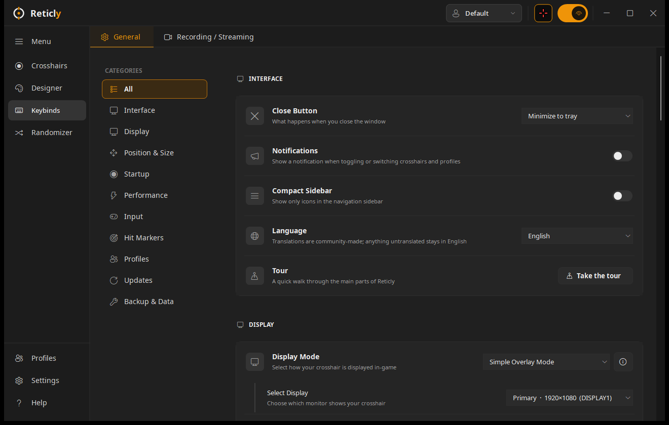 Reticly Settings screen